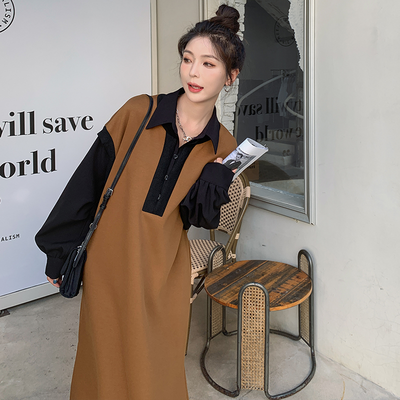 韩系拼接polo连衣裙女装秋季2024新款秋季设计感慵懒风长款卫衣裙，女装连衣裙，浙宝101