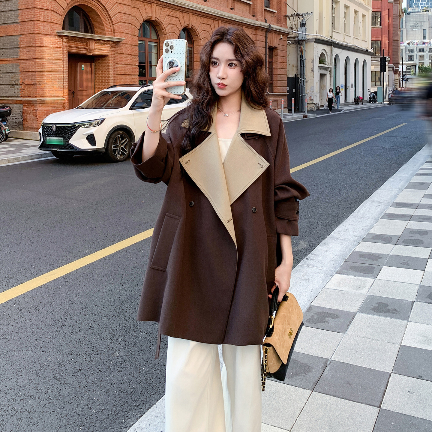咖色高级感时尚毛呢外套女2025冬季新款韩版收腰显瘦百搭呢子大衣,女装短外套,2C103
