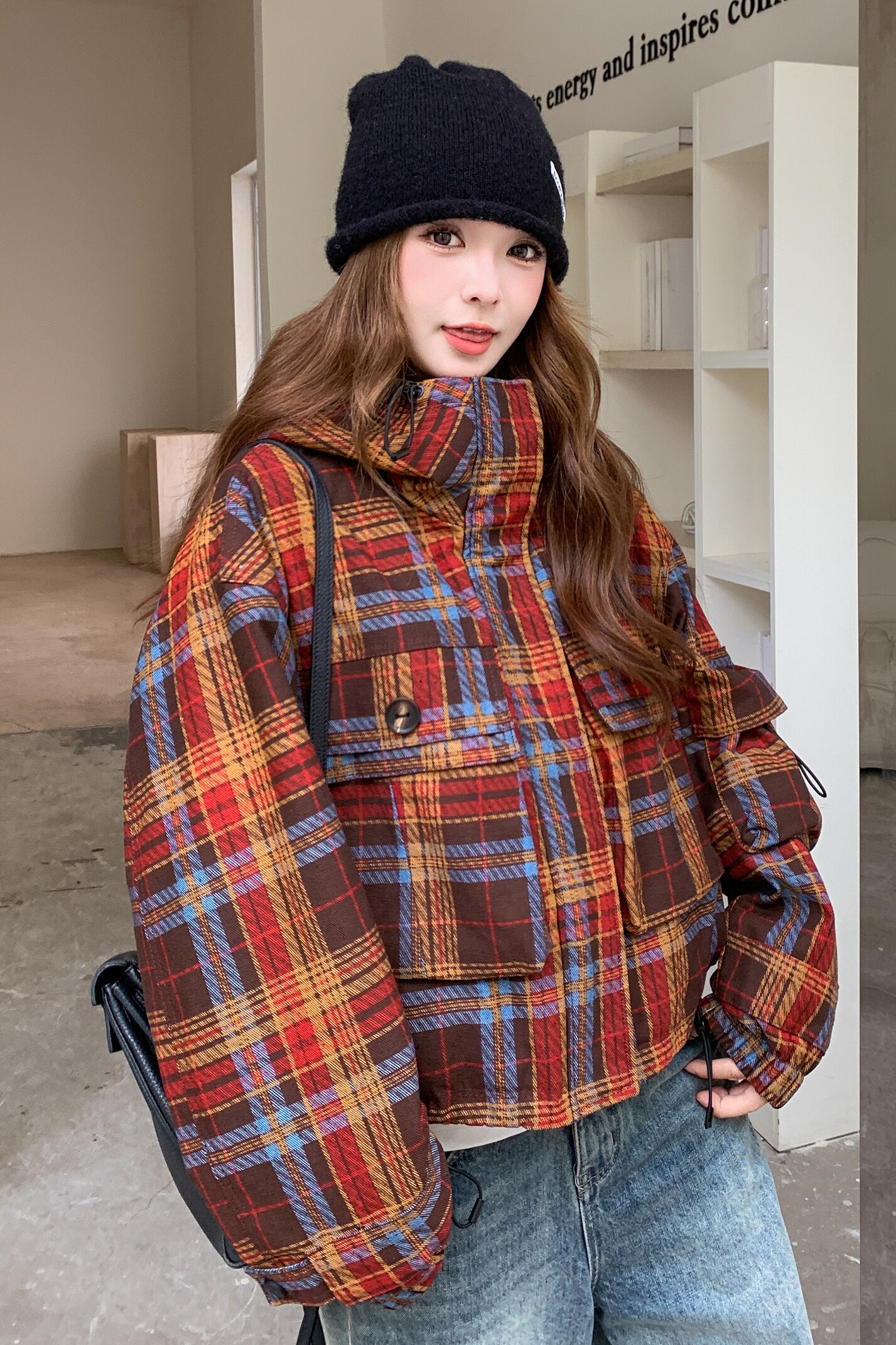 美式复古格纹连帽派克服女2025冬新款洋气炸街小个子加厚棉服外套,女装短外套,2C103