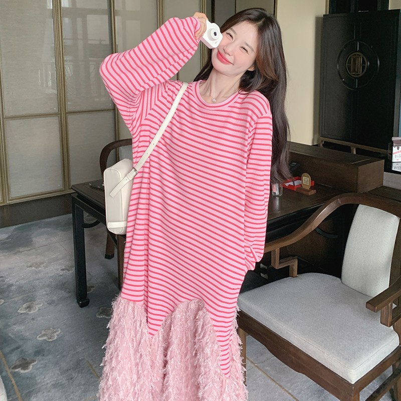 长袖条纹韩版可爱风拼接连衣裙中长款秋季甜美连袖,女装连衣裙,2C103