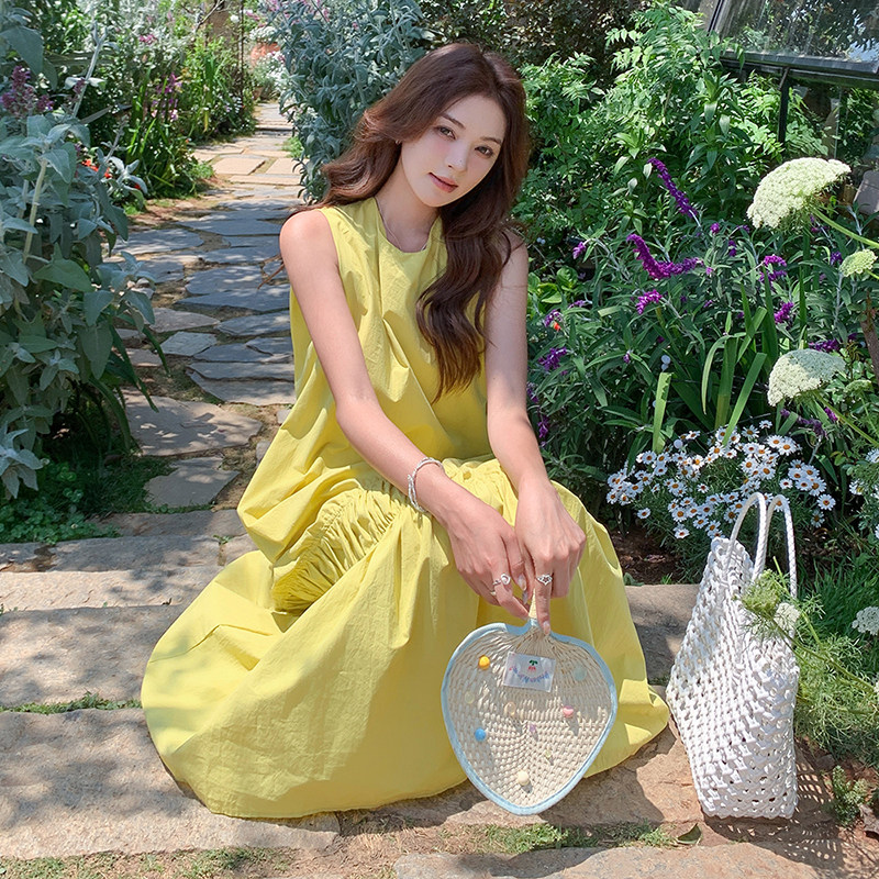 蓝色气质女神范法式荷叶边鱼尾长裙夏季新款赫本风休闲连衣裙女,女装连衣裙,2C103
