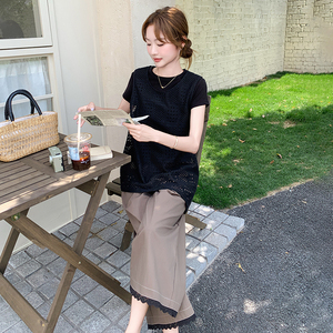 轻熟风黑色不规则镂空背心套装女2025夏季气质感T恤阔腿裤三件套图片