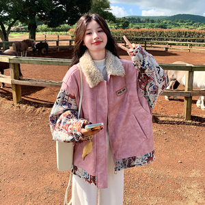 粉色拼皮印花派克服女2025年冬季新款小个子保暖加厚兔毛内胆棉服图片