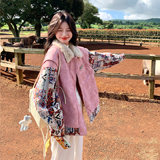 粉色拼皮印花派克服女2025年冬季新款小个子保暖加厚兔毛内胆棉服，女装短外套，2C103
