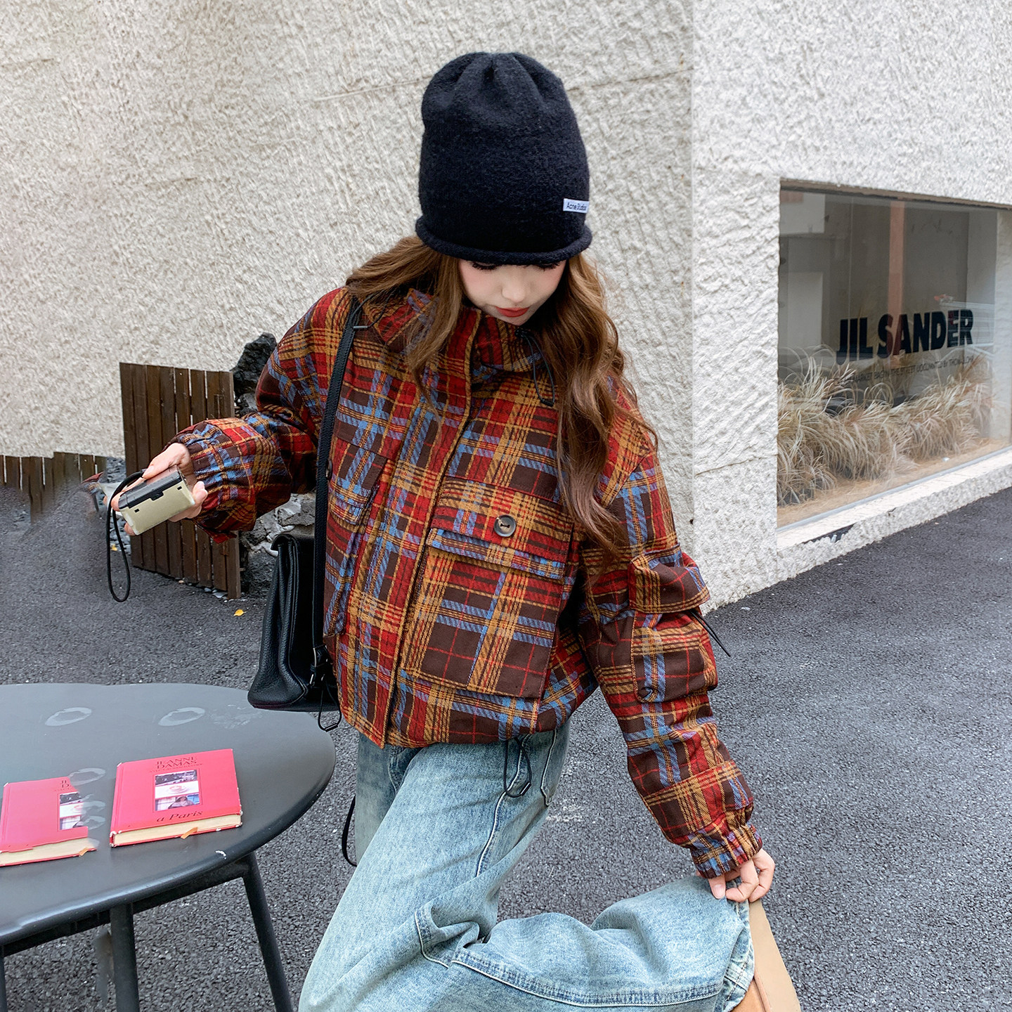 美式复古格纹连帽派克服女2025冬新款洋气炸街小个子加厚棉服外套,女装短外套,2C103