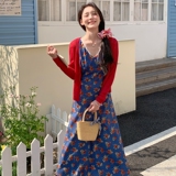 少女风针织开衫碎花吊带连衣裙女夏2025新款流行温柔风长裙两件套，女装套装/套裙，2C103