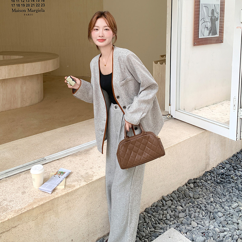 灰色撞色西装外套阔腿裤套装女2025年春秋季新款高级感显瘦两件套,女装套装/套裙,2C103