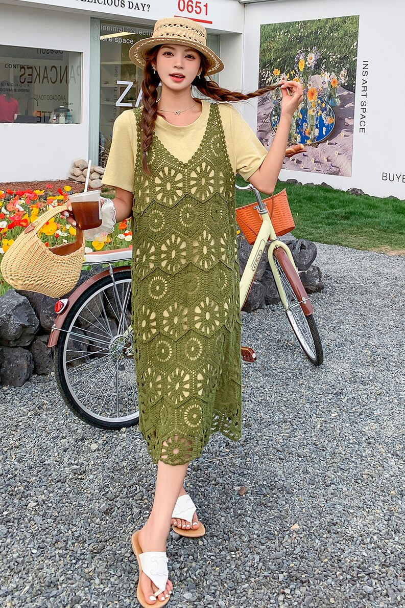 小众设计感蕾丝罩衫叠穿连衣裙女夏季韩系温柔风气质套装两件套,女装套装/套裙,2C103