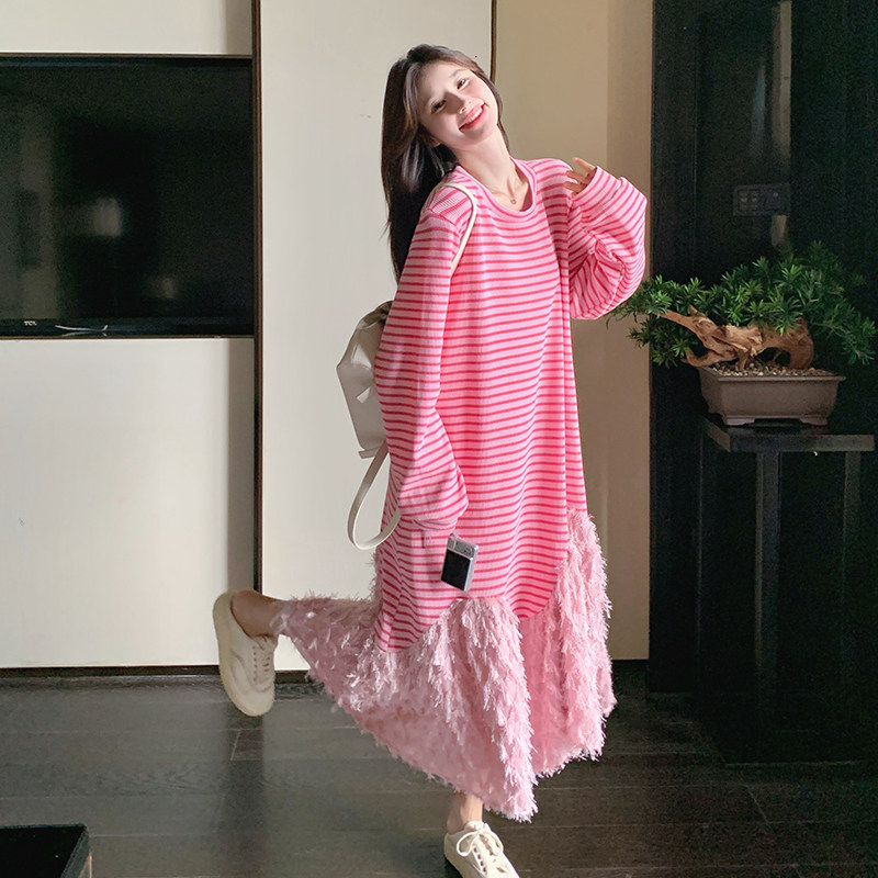 长袖条纹韩版可爱风拼接连衣裙中长款秋季甜美连袖,女装连衣裙,2C103