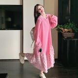 长袖条纹韩版可爱风拼接连衣裙中长款秋季甜美连袖，女装连衣裙，2C103