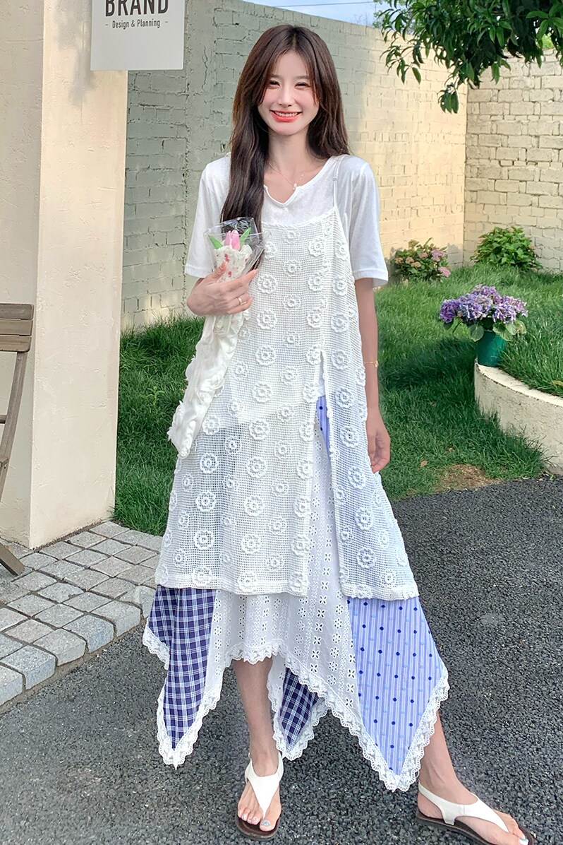 清新松弛感温柔三件套女2025夏季提花吊带短袖不规则半身裙套装潮,女装套装/套裙,2C103