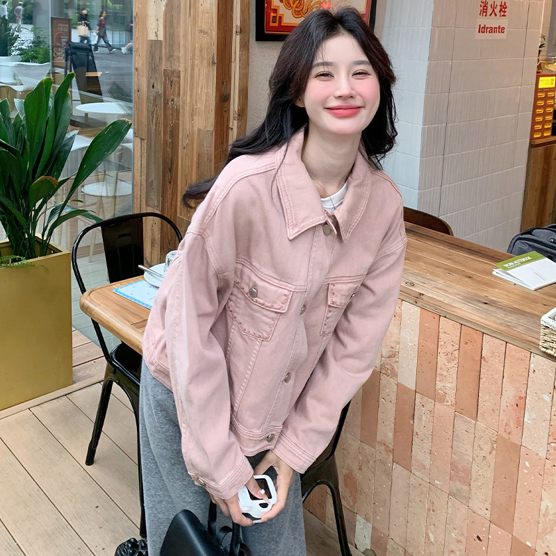 独特超好看粉色短款牛仔外套女2025春秋新款甜美减龄显瘦夹克上衣,女装短外套,2C103