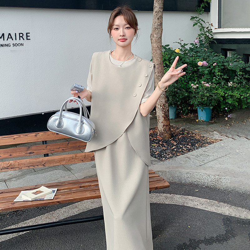轻熟风不规则马甲套装裙女2025夏季新款白色短袖T恤半身裙三件套,女装套装/套裙,2C103
