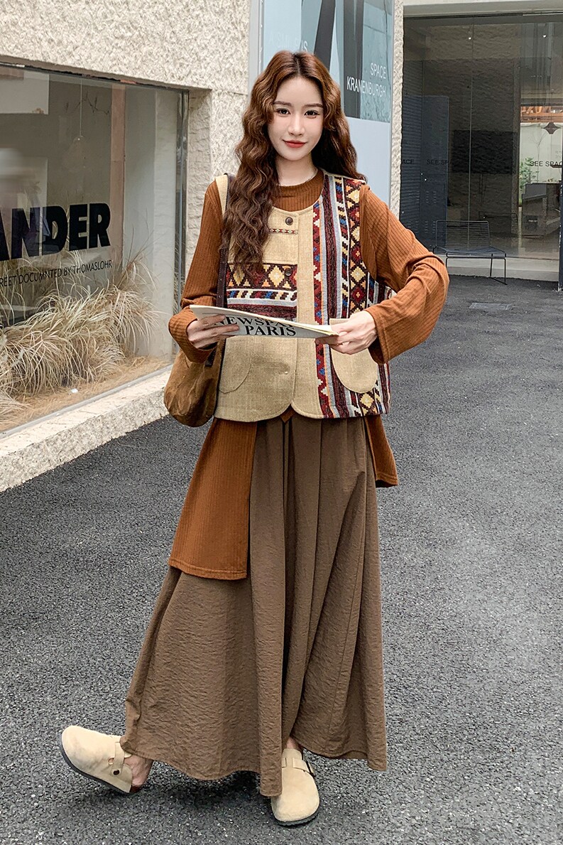 民族风印花马甲T恤休闲裤套装女2025年春秋季新款显瘦气质三件套,女装套装/套裙,2C103