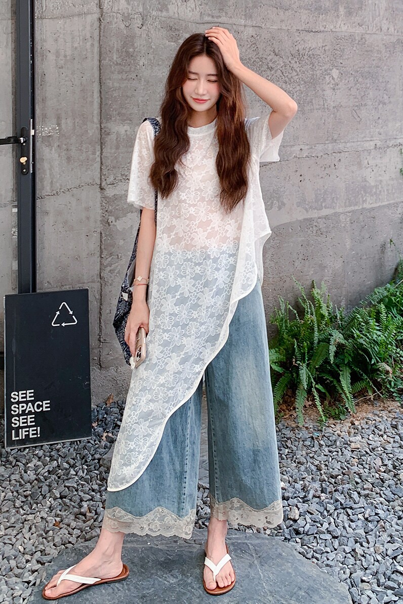 甜美清新日系套装女2025新款夏季蕾丝不规则T裙牛仔阔腿裤两件套,女装套装/套裙,2C103