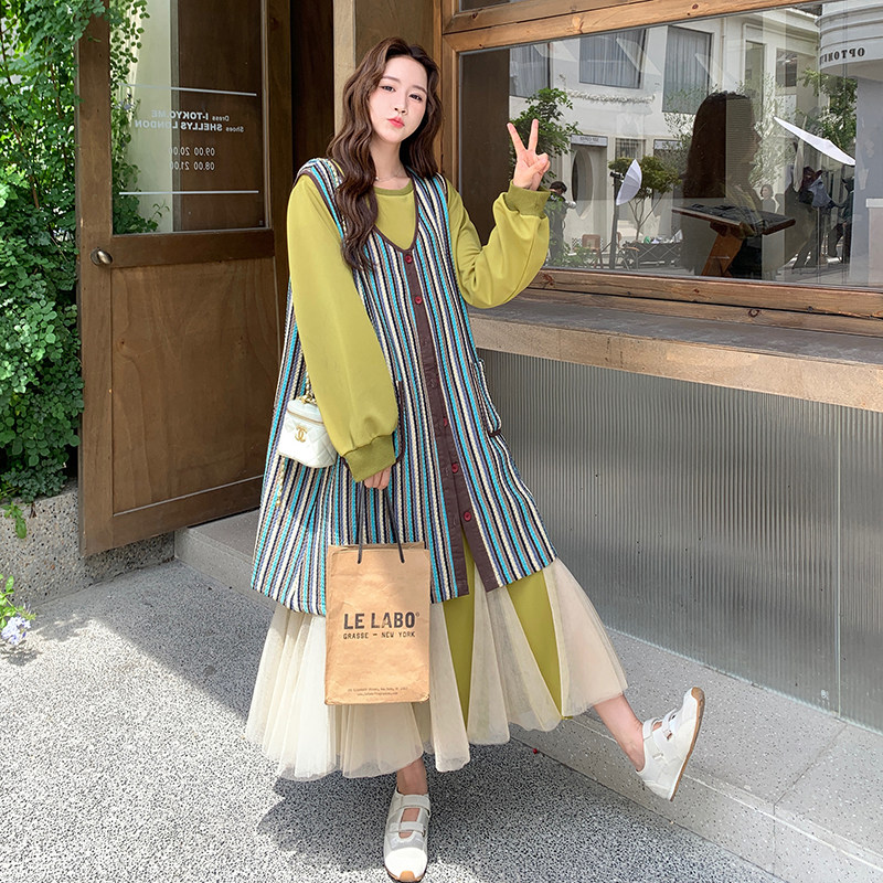 网纱拼接卫衣连衣裙套装女2025秋季新款超好看条纹马甲罩衫两件套图片