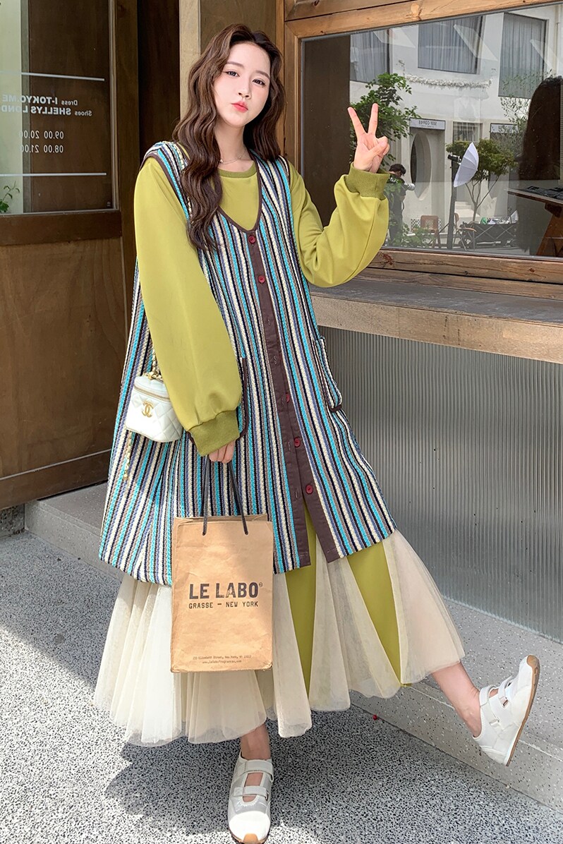 网纱拼接卫衣连衣裙套装女2025秋季新款超好看条纹马甲罩衫两件套,女装套装/套裙,2C103