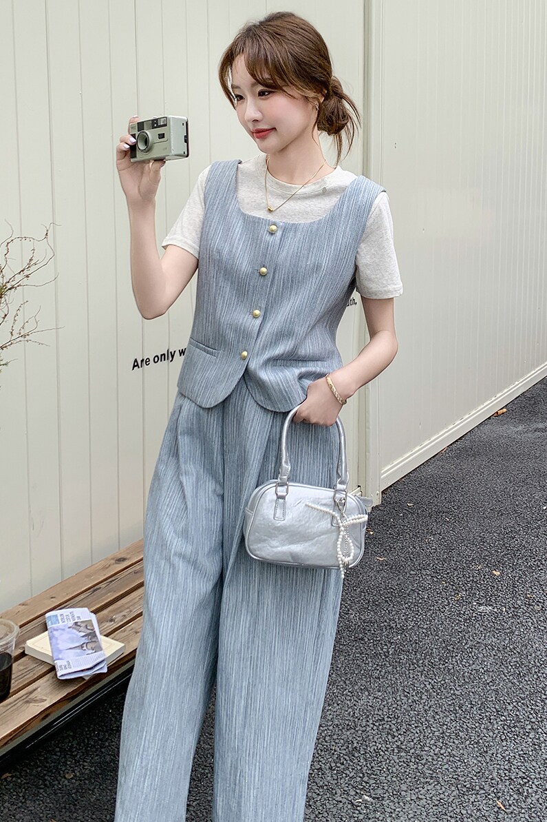 法式T恤蓝色马甲阔腿裤套装女夏休闲气质三件套韩系穿搭大方得体,女装套装/套裙,2C103