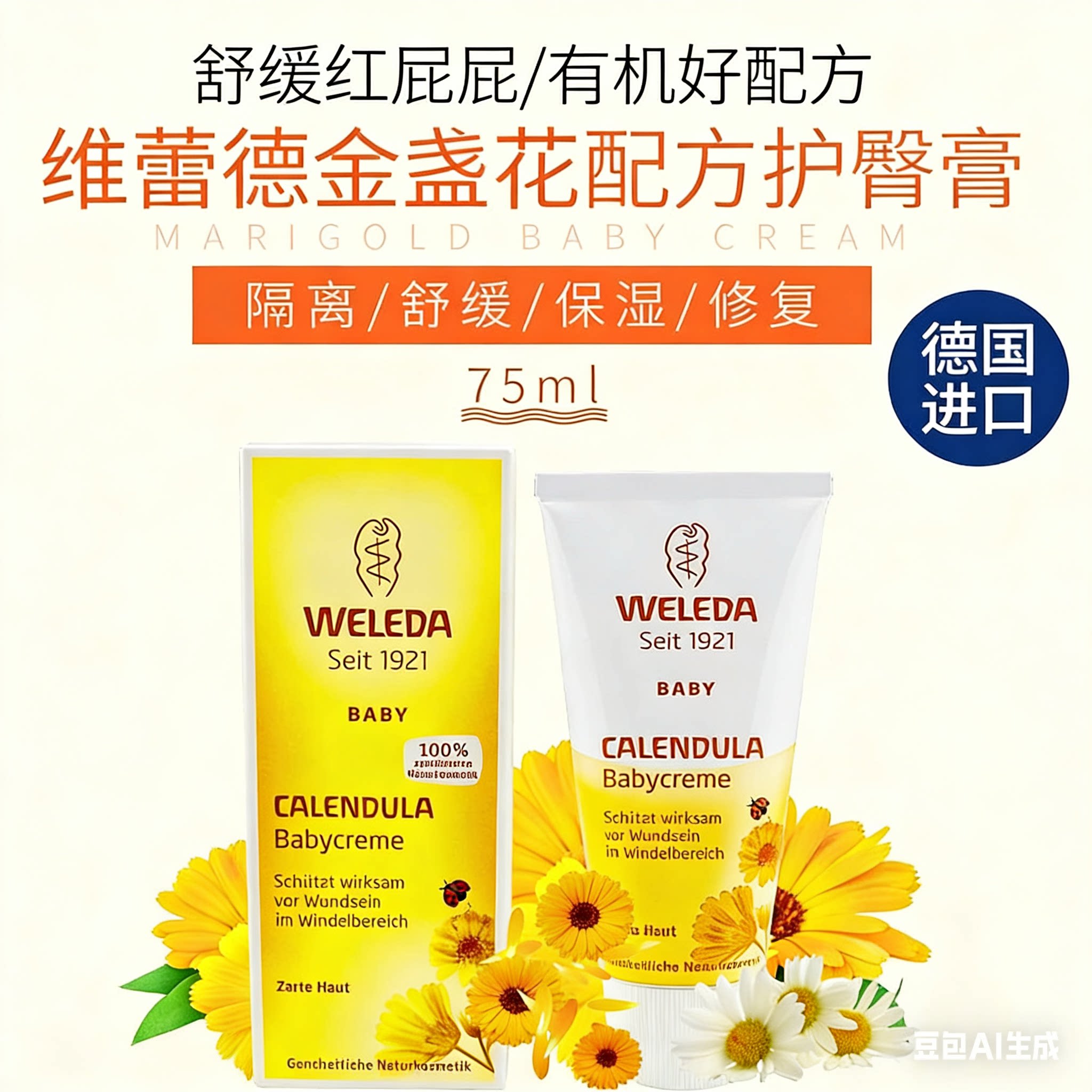 维蕾德金盏花75ml大容量婴儿护臀新生宝宝红屁屁霜pp霜舒缓修复膏