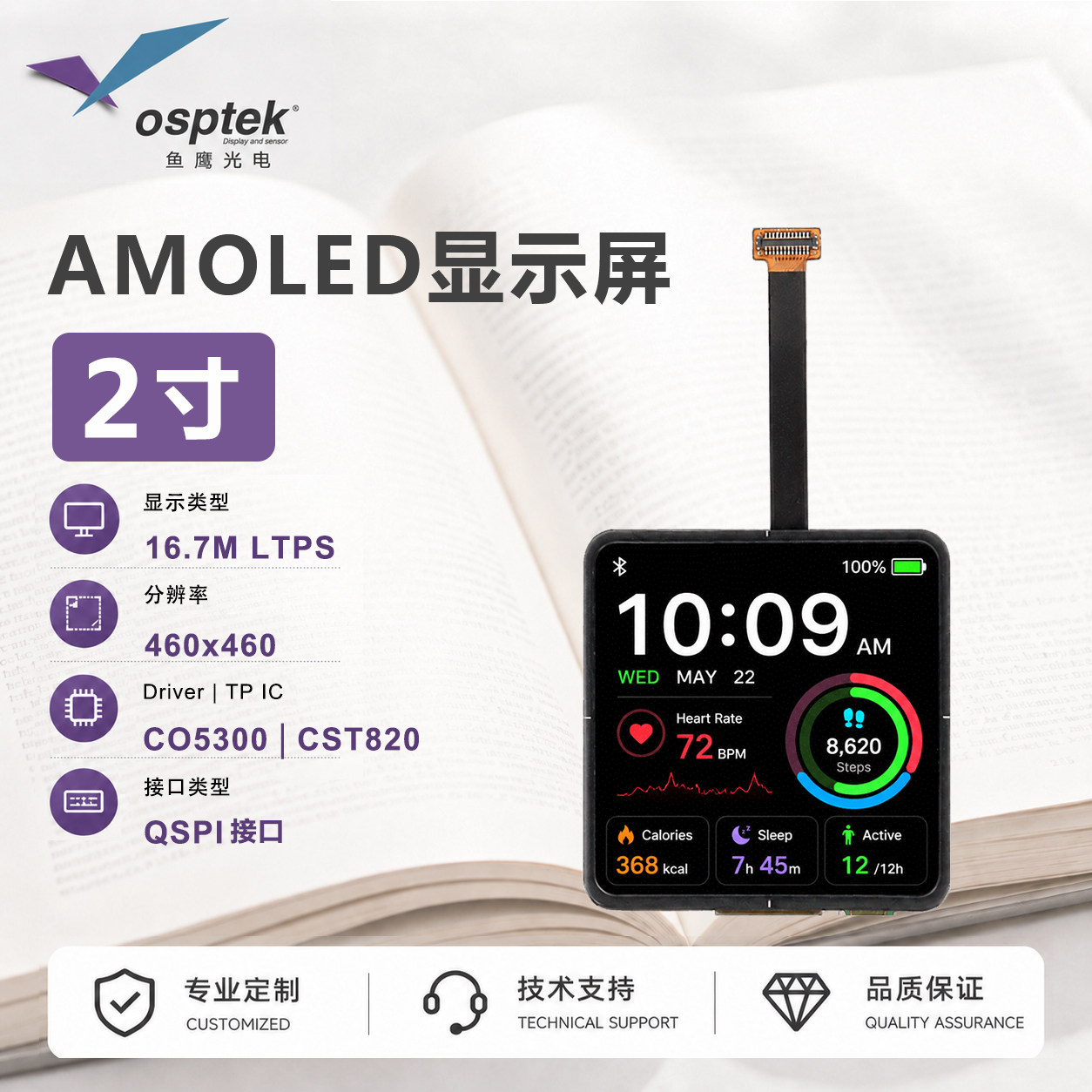 鱼鹰光电2寸AMOLED触控屏460*460QSPI接口Gitee代码全开源图片