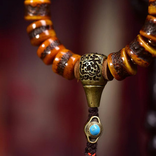 藏区牦牛骨手串单圈老铜三通背云松石桶珠配饰男女复古文玩手链