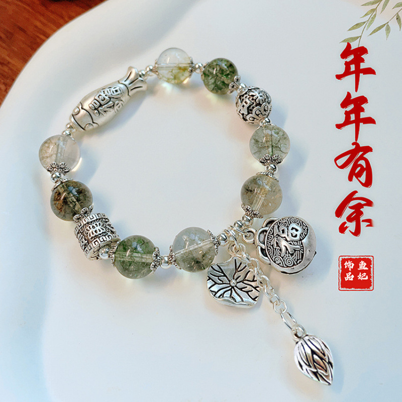 新中式复古仿绿幽灵水晶小鱼手链