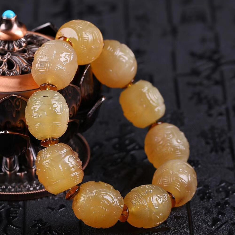 天然西藏老羊角六字真言佛珠手链