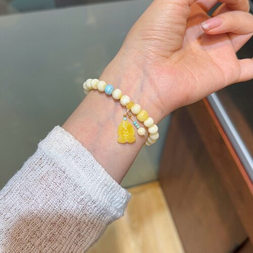 天然俄料白蜜蜡单圈手串配蜜蜡小
