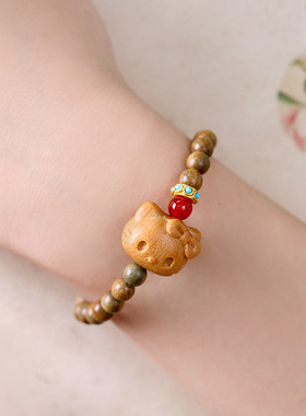 天然绿檀木念珠Kitty猫手串凯蒂