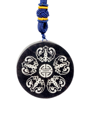 黑檀木镶银五福临门挂饰品紫光檀