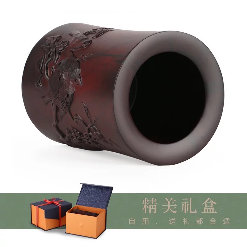 小叶紫檀红木笔筒木雕摆件实木雕刻工艺品中式木质文房四宝