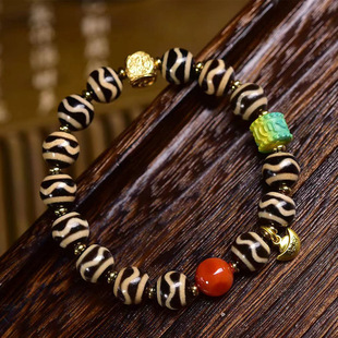 藏区天然水纹天珠文玩手串单圈玛瑙阿呆松石回流骨配饰复古手链