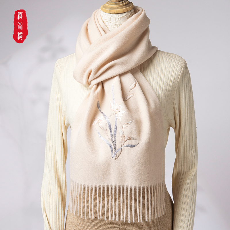织锦楼100%羊毛刺绣围巾冬季送妈妈长辈礼物25年新款保暖围脖女