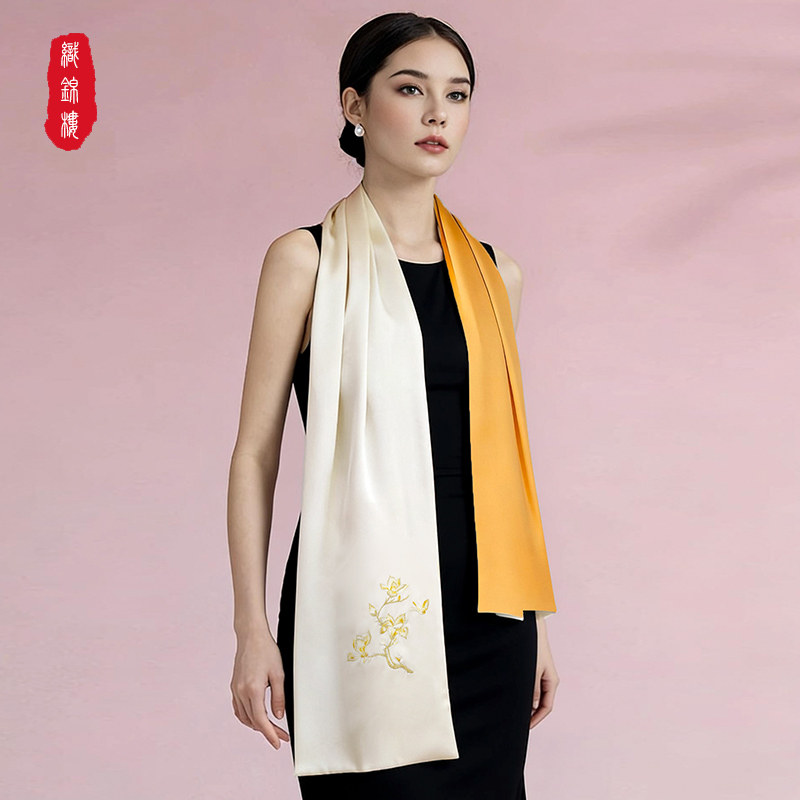 100%真丝苏绣刺绣披肩女长条形围巾桑蚕丝礼赠丝巾
