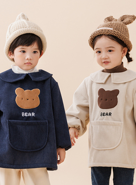 儿童灯芯绒罩衣男童防脏吃饭围兜女孩外穿洋气围裙宝宝反穿衣秋冬