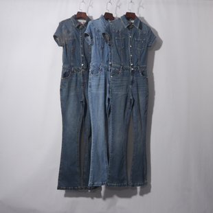 短袖牛仔连体修身喇叭裤夏季新款百搭高挑显瘦翻领洗收腰加长