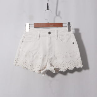 杏色牛仔裤脚绣花短裤高腰纯棉夏季新款宽松显瘦