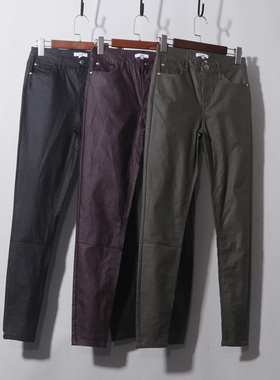 黑色紫色绿色小脚皮裤秋冬高腰牛仔裤外穿打底裤涂层小脚裤配靴子