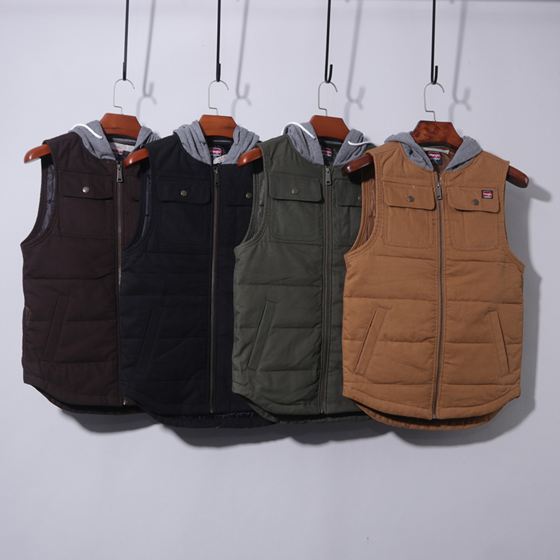 美式厚帆布连帽前短后长胸前双口袋马甲工装保暖复古多袋坎肩