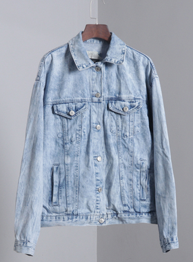 水洗浅蓝雪花牛仔衣复古蓝色牛仔外套港风bf宽松夹克上衣潮外贸