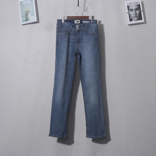 美式 外贸 复古牛仔蓝双扣后口袋刺绣亮片微喇高腰弹力加长拖地裤