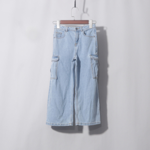 内橡皮筋调节 直筒纯棉牛仔口袋设计感浅蓝色软 浅蓝工装 童装