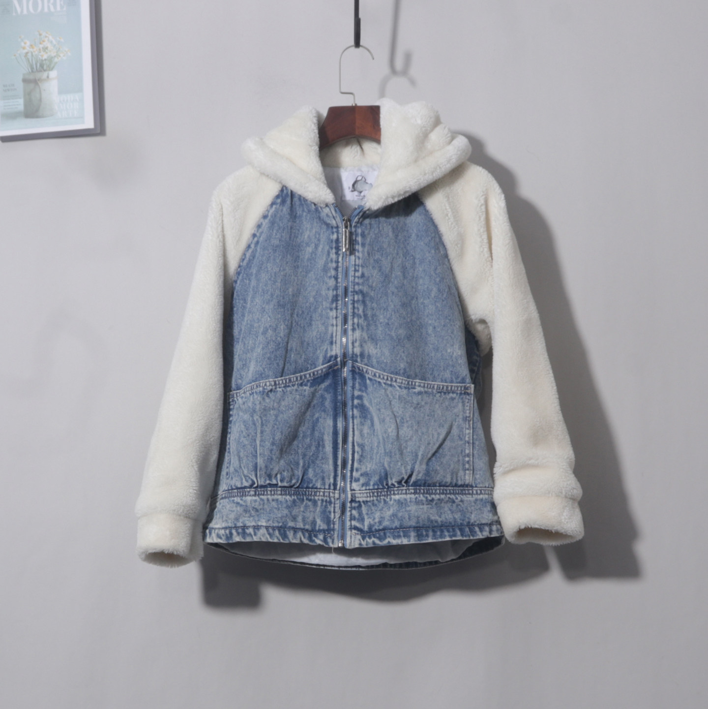 连帽加厚拼接牛仔衣宽松慵懒牛仔布拼接毛衣开衫连帽加厚上衣外套,女装/女士精品,短外套,淘宝优惠券,粉丝福利购,淘宝优惠卷