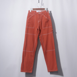橘红白色明线有侧带直筒复古美式工装裤直筒宽松口袋牛仔裤纯棉