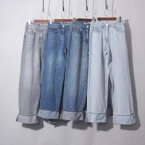 复古蓝翻边直筒牛仔裤女春秋大码梨形身材显瘦长裤直筒裤时髦休闲