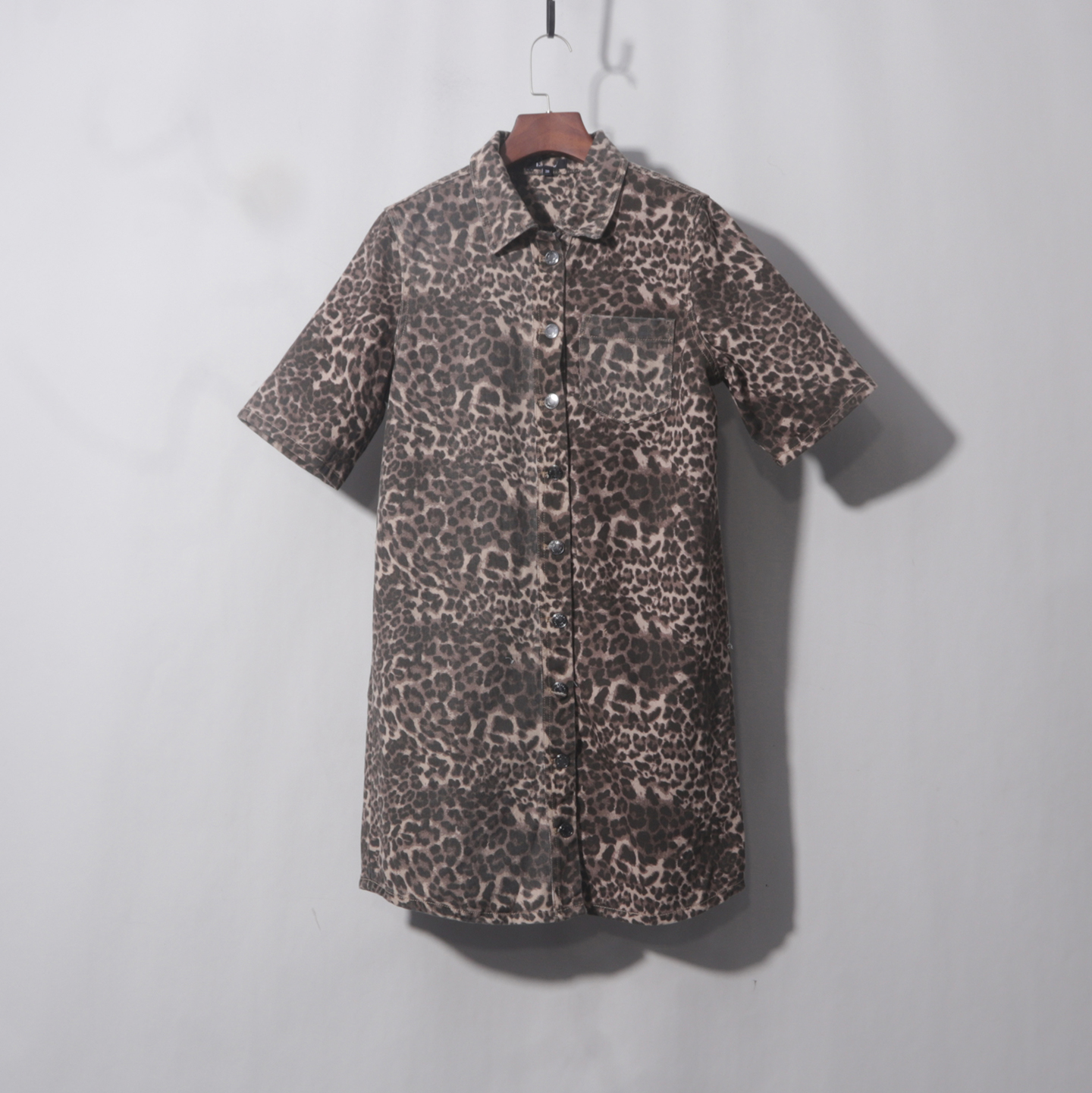 豹纹短袖牛仔连衣裙（染色不均）美式复古vintage Polo领牛仔外套