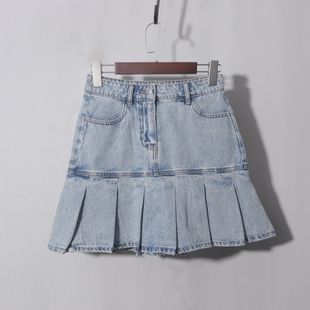 牛仔浅蓝A字裙伞裙纯棉半身裙女新款夏季显瘦a字百褶短裙子