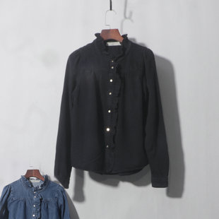 发长袖 批新款 减龄显瘦打底衬衣 春秋女装 黑色门襟荷叶边牛仔衬衫