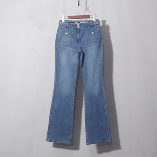 牛仔蓝双扣腰围造型微喇复古牛仔裤女高腰新款修身马蹄喇叭裤