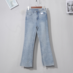 牛仔裤 毛边微喇叭高街高腰窄版 灰蓝 浅蓝色雪花蓝